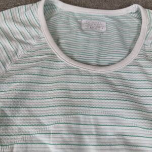 Athleta Fast Track Turquoise Activewear Top Ruched Striped Athletic Shirt Sz S